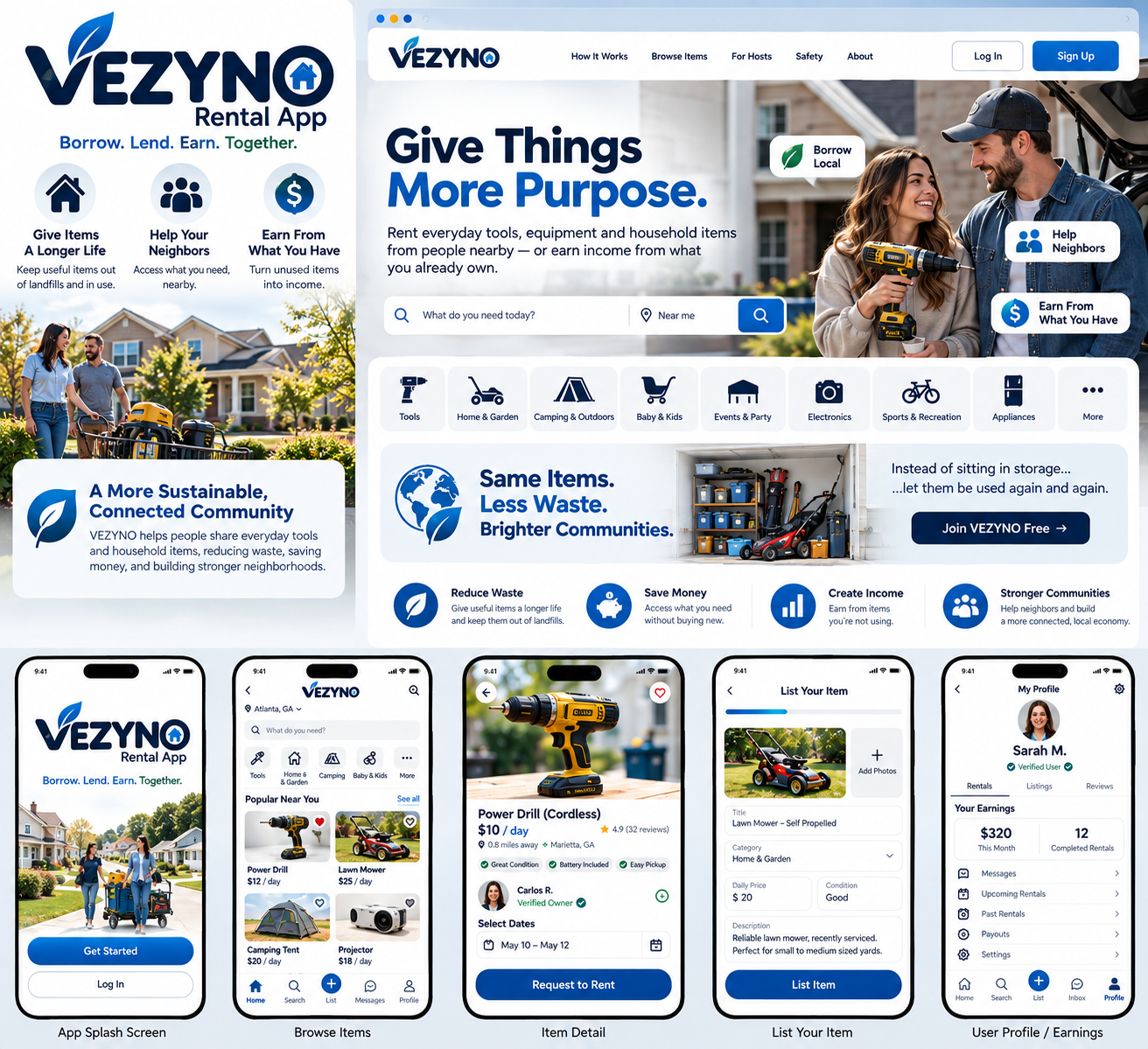 VEZYNO rental marketplace app and website screens