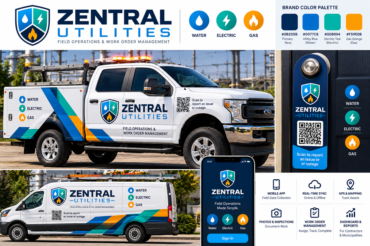 ZENTRAL UTILITIES brand applied to field vehicles and mobile app